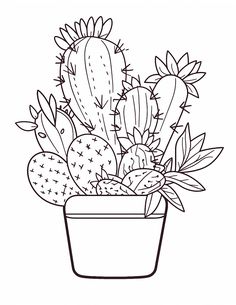 a cactus in a pot with leaves and flowers on it's side coloring page