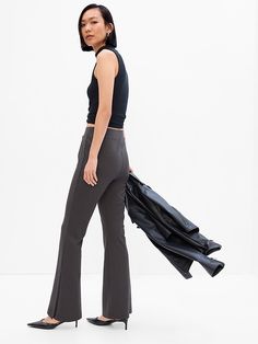 Stretch weave. Banded, elasticized waist. Seam details at front. Slits at hem. #521010 Ponte Pants, Petite Size, Black Charcoal, Casual Pants, Heather Grey, Mid Rise, Gap, Pants For Women, Pants