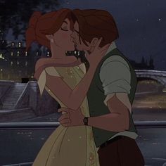 the princess and the frog kissing in front of a bridge at night with lights on