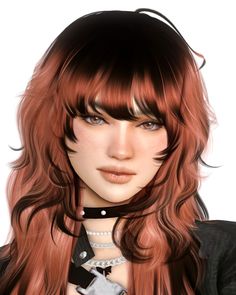 a woman with long red hair and bangs