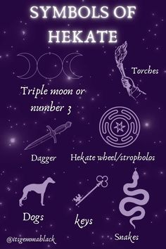 symbols of hekate and their names on a purple background with stars in the sky