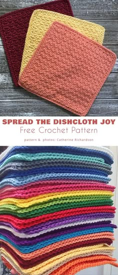 crocheted dishcloths are stacked on top of each other in different colors