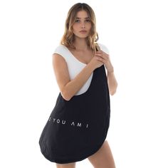 Oval Tote Bag - Are You Am I Casual Beach Bag With Letter Print, Casual Reversible Canvas Bag, Casual Everyday Reversible Canvas Bag, Black Cotton Canvas Beach Bag, Black Cotton Beach Canvas Bag, Black Cotton Beach Bag For Summer, Casual Cotton Beach Bag With Letter Print, Everyday Cotton Beach Bag With Letter Print, Black Cotton Beach Bag For Daily Use