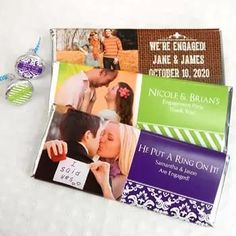 wedding candy bar wrappers with personalized photos and tags on them for the bride and groom