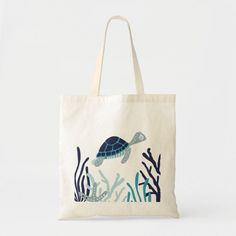 Sea Turtle swimming among the seaweed and coral in shades of blue with a white background. Eco-friendly Customizable Tote Shoulder Bag, Eco-friendly Customizable Canvas Travel Bag, Customizable Eco-friendly Canvas Travel Bag, Eco-friendly Natural Tote Bag, Tote Bag Design Diy Paint, Cute Tote Bag Design, Tote Bags Design, Tote Bag Design Ideas, Ocean Tote Bag