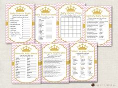 pink and gold baby shower game with crowns on it's back, set of four