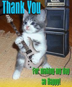 a kitten is playing with a guitar in front of a thank you sign that says for making my day so happy