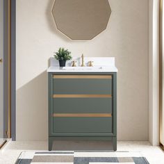 a bathroom with a sink, mirror and rug