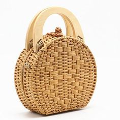 Woman fashion Wooden Handle Rattan Knit Bag Camel white New Straw Bag - Camel Straw Bag Outfit, Tropical Bag, Rattan Handbags, Knit Bag, Nylon Handbag, Bag Women Fashion, Straw Handbags, Women Crossbody Bag, Rattan Bag