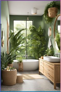 a bathroom with green walls and plants in the bathtub