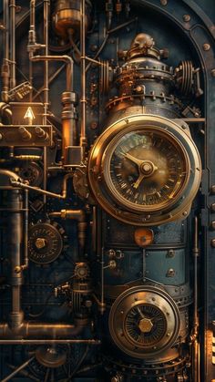 a close up of a clock inside of a metal structure with pipes and gauges