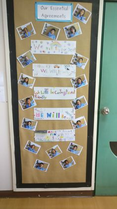 a bulletin board with pictures on it in front of a door