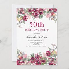 an elegant floral birthday party card with pink and red flowers on the front, white background