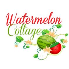 watermelon cottage logo with leaves and flowers around it, on a white background