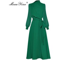 New Arrival Women's Chiffon Dress Diagonal Collar Lantern Sleeve Loose Lace-up - Frimunt Clothing Co. Collar Model, Charlotte Dress, Chiffon Dresses, High Street Fashion, Chiffon Dress Long, Green Midi Dress, Moda Vintage, Lantern Sleeve, High Fashion Street Style