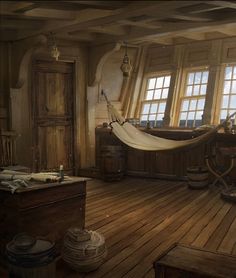 an old fashioned room with a hammock hanging from the ceiling and wooden floors