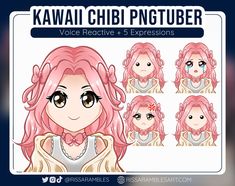 kawai chibi pigtuber character sheet with different facial expressions and hair styles