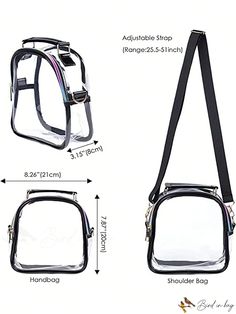 BirdinBag - Stadium-Approved Clear Crossbody Bag: Transparent Concert & Sports Event Purse (12x12x6) Functional Clear Rectangular Bags, Functional Clear Bag With Clear Strap, Clear School Shoulder Bag With Adjustable Strap, Clear Backpack With Clear Strap, Transparent Purse, Dome Bag, Bag Transparent, Sports Event, Purse Crossbody