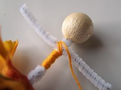 an orange and white object sitting on top of a table next to a yellow flower