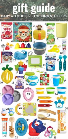 the gift guide for baby and toddler stocking stuff is shown in this image