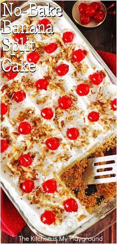 no - bake banana split cake with cherries on top