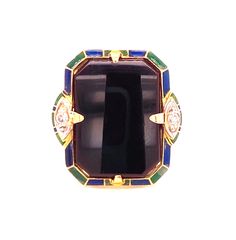 An Art Deco ring in 14ct yellow gold with blue and green enamel with central rectangular onyx and round brilliant cut diamond on either side.  Size K and can be resized.  Very minor wear to some enamel commensurate with age. Luxury Enamel Ring With Polished Finish, Elegant Enamel Ring With Inlay, Art Deco Enamel Ring As A Gift, Art Deco Enamel Ring As Gift, Art Deco Yellow Gold Enamel Ring For Formal Occasions, Formal Yellow Gold Art Deco Enamel Ring, Art Deco Formal Yellow Gold Enamel Ring, Elegant Enamel Signet Ring, Formal Art Deco Yellow Gold Enamel Ring