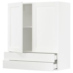 a white kitchen cabinet with two doors and one drawer on the left side is open