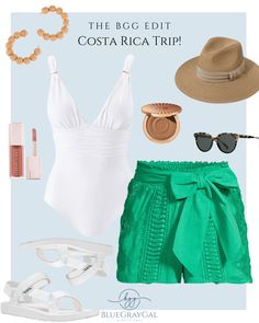 This topical beach vacation outfit idea is made spectacular with these green tie shorts! Pair these shorts with a deep v one piece bathing suit that's cute by the pool or on a vacation adventure! These Teva water shoes let you go hiking or walk on the beach without hurting your feet. Pack your suitcase, we are going on a summer trip in style! Pack For Costa Rica, Black Tie Event Outfit, Campus Outfit, Walk On The Beach, Let You Go, New Years Outfit