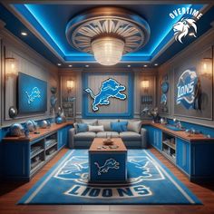 the detroit lions'locker room is decorated in blue and white with an illuminated lions logo