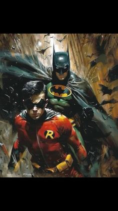 batman and robin wayne in the rain with bats flying above them, as if they're