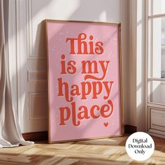 this is my happy place sign in front of a window with the words,'this is