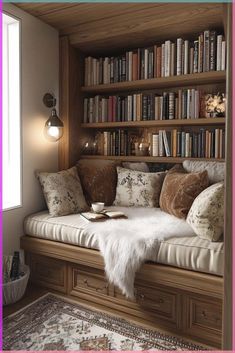 a book shelf filled with lots of books next to a white rug on top of a wooden floor