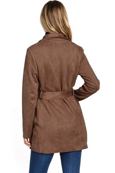 Faux-suede wrap coat with a mid thigh length, trench coat silhouette. Minimal, classic design with oversized draping lapels, slant pockets on the sides and a self-tie belt at the waist. Light weight coat effortlessly layers without looking bulking. *Hand Wash Cold *Shell: 96% Polyester/ 4% Spandex/ Lining: 100% Polyester *33"/84 cm Top to Bottom - Measured on a size S (Model is 5'8/wearing a size S) *Made in Vietnam Chic Belted Pea Coat With Notch Lapel, Fall Outerwear With Belt And Notch Lapel, Fall Outerwear With Belted Notch Lapel, Fall Notch Lapel Belted Outerwear, Belted Outerwear With Notch Lapel For Fall, Chic Belted Pea Coat With Lapel Collar, Fall Belted Pea Coat With Notch Lapel, Fall Notch Lapel Belted Pea Coat, Chic Solid Outerwear With Tie Waist