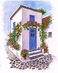 a watercolor painting of a house with flowers on the front door and steps leading up to it