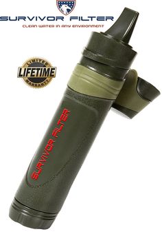 the life time water bottle is green and has red lettering that reads,'survival '