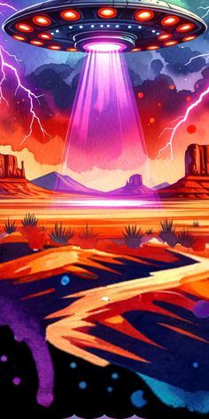 an alien ship flying over a desert under a purple sky with lightning coming from it