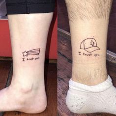 two people with matching tattoos on their legs, one has a baseball cap and the other has a hat that says i trust you