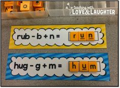 two yellow and blue bookmarks with words that spell the word rhy - g + m