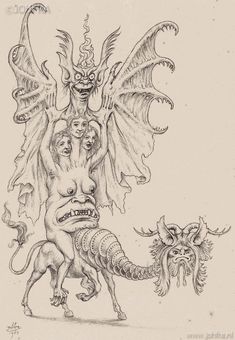 an ink drawing of a demon attacking a demon on the back of a horse and another creature