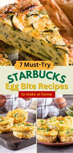 Three types of Starbucks-inspired egg bite recipes, perfect for breakfast or meal prep. The top features a golden zucchini frittata slice, while the bottom images display fluffy egg bites garnished with fresh green onions. The rustic wooden background and fresh eggs in the basket add to the charm of these high-protein, easy-to-make breakfast ideas.