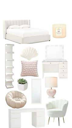 a white bedroom with furniture and accessories