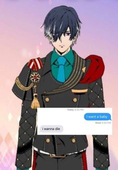 an anime character holding a baby in his arms and texting on the screen that says i wanna't so baby