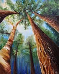 an oil painting of two tall trees in the woods