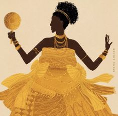 an african woman in a yellow dress holding a ball