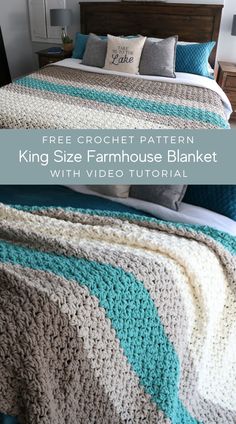 the king size crochet farmhouse blanket with video instructions is shown in this image