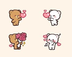 some cute little bears with hearts and flowers on their backs, one is holding a rose