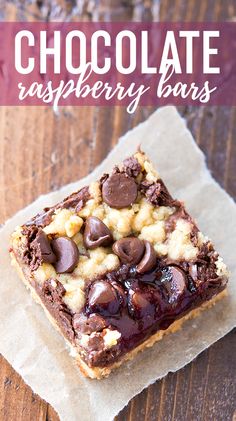 chocolate raspberry bars on parchment paper with text overlay that reads, chocolate raspberry bars