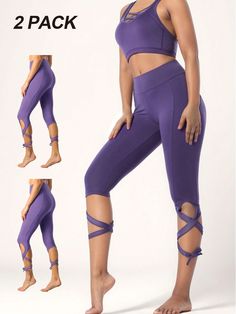 2 Pack Women's Mid Waist Strap Training Leggings Breathable & Soft Fitness Sport Pants Purple    Knitted Fabric Plain Skinny Slight Stretch Spring/Summer/Fall Women Activewear, size features are:Bust: ,Length: ,Sleeve Length: High Stretch Yoga Pants For Pilates In Spring, Summer Workout Stretch Pants, Stretch Leggings For Pilates In Summer, Stretch Leggings For Pilates And Summer, Summer Stretch Leggings For Pilates, High Stretch Pants For Pilates In Spring, Solid Yoga Pants For Pilates In Spring, Spring Yoga Pants For Pilates, Purple Yoga Bottoms For Spring