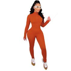 Solid Color Zipper Front Long Sleeve Fitness Jumpsuit Fitted Orange Jumpsuits And Rompers For Fall, Casual High Stretch Unitard For Fall, Casual Fitted Unitard For Fall, Casual Fitted Fall Unitard, Casual Long Sleeve Unitard For Fall, Fitness Jumpsuit, 1 Million, Front Zipper, Jumpsuit