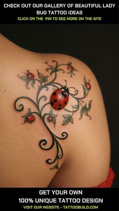 a ladybug tattoo on the back of a woman's shoulder and chest